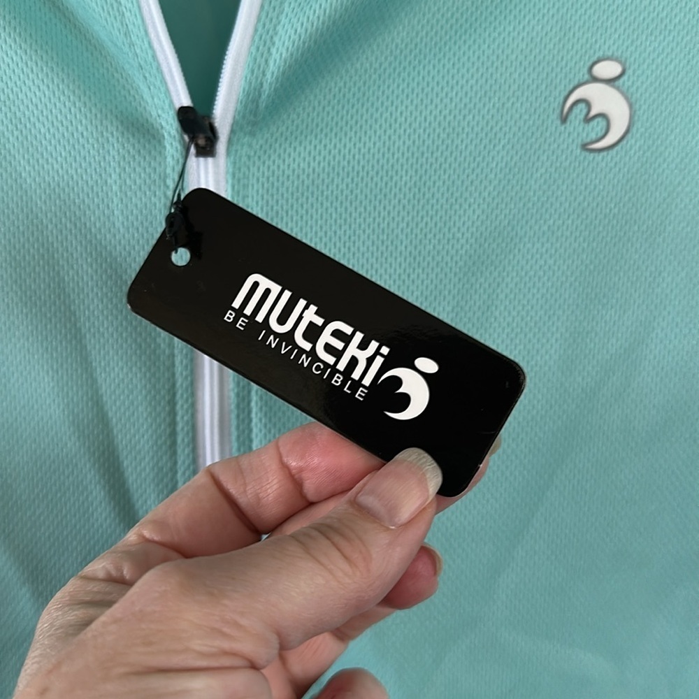 Muteki Cycling Top Mesh fabric Pockets Full Zip Short Sleeve Sea Green/New/Flaw - Picture 4 of 11